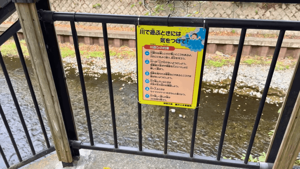 引地川の川遊び注意の看板
